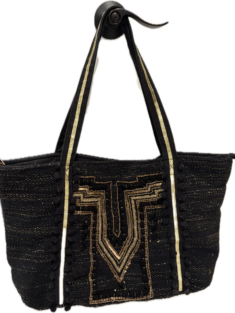 Summer Beach Bag Black & GoldTweed Tote Bag with Gold Embroidered Accents